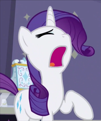 Size: 501x599 | Tagged: safe, screencap, rarity, pony, unicorn, fake it 'til you make it, cropped, faic, female, mare, open mouth, raised hoof, smiling, solo