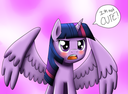 Size: 1023x759 | Tagged: safe, artist:jc-the-penguin, derpibooru import, twilight sparkle, twilight sparkle (alicorn), alicorn, pony, adorkable, angry, annoyed, blatant lies, blushing, cute, denial, dialogue, dork, embarrassed, female, i'm not cute, mare, open mouth, princess tsunlight, solo, spread wings, talking, telling lies, tsundere, tsunlight sparkle, twiabetes