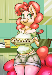 Size: 980x1400 | Tagged: safe, artist:ogaraorcynder, pinkie pie, anthro, baking, breasts, chocolate, female, food, pinkie pies, solo