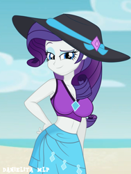 Size: 1024x1352 | Tagged: safe, artist:danielitamlp, rarity, better together, equestria girls, beach, beach babe, beautiful, belly button, bikini, breasts, cleavage, clothes, cute, female, hat, looking at you, midriff, ocean, raised eyebrow, raritits, sarong, sassy, solo, sun hat, swimsuit