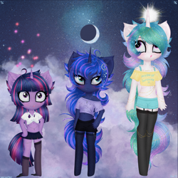 Size: 3564x3564 | Tagged: safe, artist:darkest-lunar-flower, princess celestia, princess luna, twilight sparkle, twilight sparkle (alicorn), alicorn, anthro, alicorn triarchy, belly button, clothes, cute, midriff, socks, stockings, thigh highs