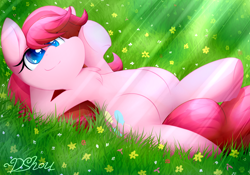 Size: 2000x1400 | Tagged: safe, artist:dshou, pinkie pie, earth pony, pony, crepuscular rays, signature, solo, yet another pinkie blog