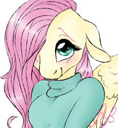 Size: 1280x1387 | Tagged: safe, artist:bubbleburst, fluttershy, anthro, blushing, breasts, bust, clothes, female, portrait, smiling, solo, sweater, sweatershy