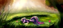 Size: 2140x955 | Tagged: dead source, safe, artist:shamanguli, derpibooru import, twilight sparkle, unicorn twilight, unicorn, book, floppy ears, forest, on side, reading, scenery, smiling, solo