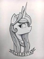 Size: 3024x4032 | Tagged: safe, artist:citizensmiley, princess celestia, alicorn, pony, bust, crown, jewelry, looking at you, looking sideways, monochrome, peytral, portrait, profile, regalia, solo, traditional art