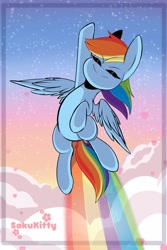 Size: 1365x2048 | Tagged: safe, artist:sakukitty, derpibooru import, rainbow dash, pegasus, pony, cloud, cute, dashabetes, eyes closed, female, flying, heart, mare, rainbow, rainbow trail, sky, smiling, solo, spread wings, wings