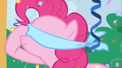 Size: 1100x618 | Tagged: safe, screencap, pinkie pie, earth pony, pony, the ticket master, blindfold, female, mare, solo