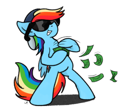 Size: 1300x1150 | Tagged: safe, artist:underwoodart, derpibooru import, rainbow dash, pegasus, pony, backwards ballcap, baseball cap, bipedal, cap, cool, hat, making it rain, money, rainbow dosh, simple background, solo, sunglasses, transparent background