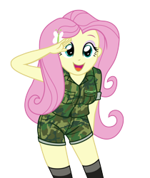 Size: 2012x2391 | Tagged: safe, artist:sumin6301, fluttershy, equestria girls, breasts, clothes, cute, female, military uniform, open mouth, salute, shorts, shyabetes, socks, solo