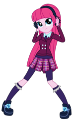 Size: 2200x3500 | Tagged: safe, artist:mixiepie, pinkie pie, equestria girls, friendship games, alternate universe, clothes, crystal prep academy, crystal prep academy uniform, crystal prep shadowbolts, headphones, high heels, pleated skirt, school uniform, simple background, skirt, solo, transparent background, vector