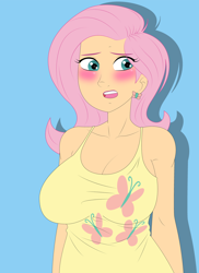 Size: 1400x1920 | Tagged: safe, artist:alcasar-reich, fluttershy, human, blushing, breasts, cleavage, clothes, cutie mark, cutie mark dress, dress, female, hootershy, humanized, solo