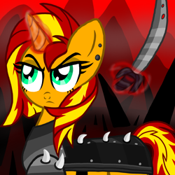 Size: 800x800 | Tagged: safe, artist:katya, sunset shimmer, alternate timeline, armor, crystal war timeline, ear piercing, levitation, magic, piercing, soldier, solo, sword, telekinesis, traitor, war, weapon