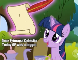 Size: 815x627 | Tagged: safe, derpibooru import, screencap, twilight sparkle, stare master, image macro, meme, op, op is a faggot, quill, scroll, solo, vulgar, writing