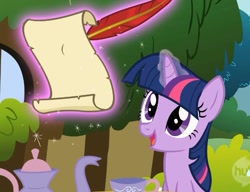 Size: 815x627 | Tagged: safe, derpibooru import, screencap, twilight sparkle, stare master, quill, scroll, solo, writing
