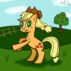 Size: 1771x1771 | Tagged: safe, artist:jj-snake, applejack, earth pony, pony, rearing, solo, tree