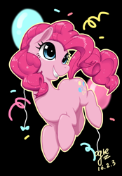 Size: 2598x3743 | Tagged: safe, artist:ogre, pinkie pie, earth pony, pony, balloon, black background, confetti, pixiv, simple background, solo