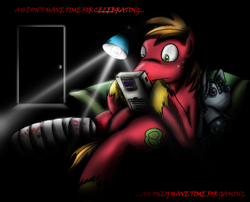 Size: 800x646 | Tagged: safe, artist:jamescorck, big macintosh, smarty pants, earth pony, pony, cast, game boy, gamer, gamer macintosh, male, stallion, video game