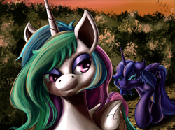 Size: 3500x2600 | Tagged: safe, artist:foughtdragon01, princess celestia, princess luna, alicorn, pony, female, mare, morning ponies, royal sisters, smiling