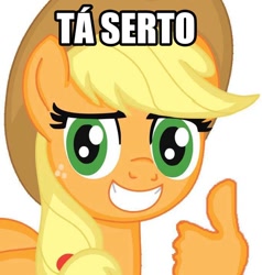 Size: 684x720 | Tagged: safe, applejack, earth pony, pony, hand, image macro, meme, misspelling, portuguese, proposital misspelling, solo