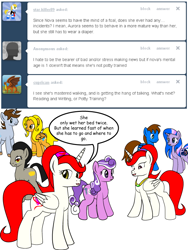 Size: 600x800 | Tagged: safe, artist:dekomaru, discord, screwball, oc, oc:astra, oc:comet shine, oc:honey cluster, oc:jupiter, oc:midnight, oc:nova, pony, ask, implied bedwetting, ponified, pony discord, potty training, tumblr, tumblr:ask twixie