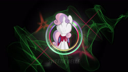 Size: 2560x1440 | Tagged: safe, artist:charity-rose, artist:thundy-r, derpibooru import, sweetie belle, cape, clothes, cmc cape, eyes closed, neon, smiling, solo, wallpaper