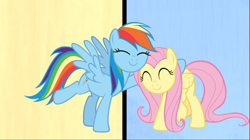 Size: 1668x937 | Tagged: safe, derpibooru import, screencap, fluttershy, rainbow dash, pegasus, pony, fame and misfortune, cropped, cute, dashabetes, duo, eyes closed, female, hug, mare, shyabetes, smiling, we're not flawless