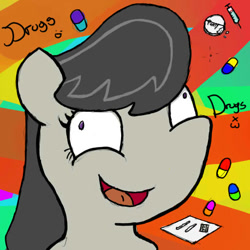 Size: 512x512 | Tagged: safe, artist:masterspiny, octavia melody, earth pony, pony, black mane, drugs, female, gray coat, mare, pills, solo