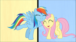 Size: 1671x940 | Tagged: safe, derpibooru import, screencap, fluttershy, rainbow dash, pegasus, pony, fame and misfortune, cropped, cute, dashabetes, eyes closed, female, hug, mare, open mouth, raised hoof, shyabetes, smiling, solo, we're not flawless