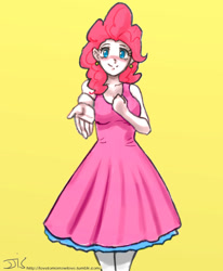 Size: 800x970 | Tagged: safe, artist:ixalon, artist:johnjoseco, color edit, edit, pinkie pie, human, blushing, clothes, colored, cute, diapinkes, dress, humanized, looking at you, simple background, solo, yellow background