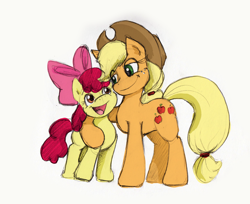 Size: 2613x2130 | Tagged: safe, artist:redflare500, apple bloom, applejack, earth pony, pony, hug, simple background, sisters, smiling, traditional art