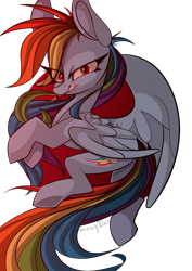 Size: 1920x2716 | Tagged: safe, artist:lilsunnyday, derpibooru import, rainbow dash, pegasus, pony, fanfic:rainbow factory, backwards cutie mark, eye clipping through hair, mouth hold, red eyes, simple background, slightly creepy, solo, syringe, transparent background