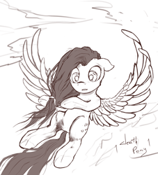 Size: 1891x2087 | Tagged: safe, artist:1deathpony1, fluttershy, pegasus, pony, flying, looking back, mane, monochrome, solo