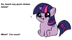 Size: 1194x668 | Tagged: safe, derpibooru import, twilight sparkle, pony, unicorn, dialogue, exploitable meme, female, filly, filly twilight sparkle, filly twilight telling an offensive joke, horn, looking at you, meme, multicolored mane, multicolored tail, obligatory pony, purple coat, simple background, sitting, smiling, solo, talking to viewer, underhoof, white background