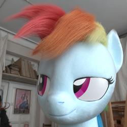 Size: 1800x1800 | Tagged: safe, artist:vefka, derpibooru import, rainbow dash, pegasus, pony, 3d, 3d model, blender, bust, cycles, detailed background, female, lidded eyes, looking away, mare, portrait, purple eyes, rainbow hair, realistic, smiling, solo