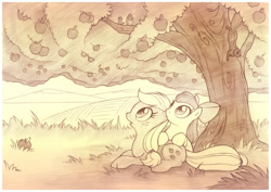 Size: 892x633 | Tagged: safe, artist:sherwoodwhisper, apple bloom, applejack, earth pony, pony, squirrel, apple tree, looking up, prone, traditional art, tree