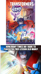 Size: 520x930 | Tagged: safe, derpibooru import, edit, idw, applejack, fluttershy, pinkie pie, rainbow dash, rarity, twilight sparkle, twilight sparkle (alicorn), alicorn, earth pony, pegasus, pony, unicorn, death battle, exploitable meme, mane six, meme, spongebob squarepants, starscream, the bully, transformers