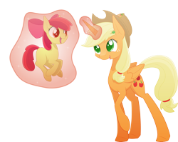 Size: 5460x4338 | Tagged: safe, artist:emkay-mlp, apple bloom, applejack, alicorn, pony, absurd resolution, adorabloom, alicornified, applecorn, cute, jackabetes, magic, race swap, simple background, transparent background