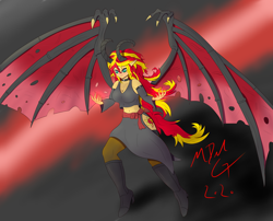 Size: 6562x5297 | Tagged: safe, artist:mdelg, sunset satan, sunset shimmer, succubus, equestria girls, absurd resolution, belly button, boots, breasts, choker, cleavage, clothes, cutie mark, cutie mark on equestria girl, demon wings, detached sleeves, elf ears, female, high heel boots, horns, large wings, midriff, shoes, side slit, skirt, slit eyes, socks, solo, species swap, sports bra, stockings, tail, tanktop, thigh highs, wing claws, wings