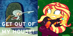 Size: 2000x1000 | Tagged: safe, edit, edited screencap, screencap, pinkie pie, sunset shimmer, better together, equestria girls, sunset's backstage pass!, angry, bloodshot eyes, good neighbors, nickelodeon, pointing, shrunken pupils, spongebob squarepants, squidward tentacles