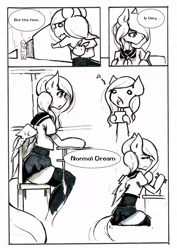 Size: 2480x3508 | Tagged: safe, artist:mashiromiku, fluttershy, anthro, comic:exhibitionism comic, arm hooves, clothes, comic, desk, engrish, marker drawing, school uniform, schoolgirl, singing, socks, stockings, thigh highs, traditional art