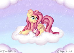 Size: 3300x2400 | Tagged: safe, artist:kaypxz, angel bunny, fluttershy, pegasus, pony, cloud, female, mare