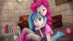 Size: 1920x1080 | Tagged: safe, artist:shadamyfan4evers, pinkie pie, sonata dusk, equestria girls, 3d, balloon, book, boots, clothes, cupcake, female, food, glomp, high heel boots, hug, lesbian, pinata (ship), shipping, skirt, smiling, sofa, source filmmaker