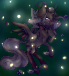 Size: 2500x2756 | Tagged: safe, artist:scribs, oc, alicorn, firefly (insect), insect, pony, clothes, crying, curly hair, curly mane, digital, flower, food, freckles, frosting, halo, jewelry, lock, my little pony, necklace, night, ripped stockings, sad, stockings, thigh highs, wing ears, winged hooves