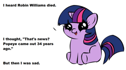 Size: 1194x668 | Tagged: safe, derpibooru import, twilight sparkle, pony, unicorn, dialogue, exploitable meme, female, filly, filly twilight sparkle, filly twilight telling an offensive joke, horn, looking at you, meme, multicolored mane, multicolored tail, obligatory pony, purple coat, robin williams, simple background, sitting, smiling, solo, talking to viewer, too soon, underhoof, vulgar, white background