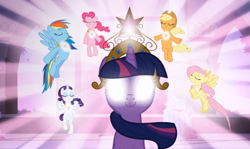 Size: 992x592 | Tagged: safe, derpibooru import, screencap, applejack, fluttershy, pinkie pie, rainbow dash, rarity, twilight sparkle, unicorn twilight, earth pony, pegasus, pony, unicorn, friendship is magic, big crown thingy, glowing eyes, jewelry, regalia, the elements in action