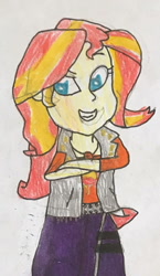 Size: 744x1280 | Tagged: safe, artist:whistle blossom, sunset shimmer, equestria girls, crossed arms, female, grin, looking at you, simple background, smiling, smiling at you, solo, teenager, traditional art, white background