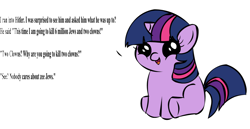 Size: 1290x668 | Tagged: safe, derpibooru import, twilight sparkle, pony, unicorn, dialogue, exploitable meme, female, filly, filly twilight sparkle, filly twilight telling an offensive joke, horn, looking at you, meme, multicolored mane, multicolored tail, obligatory pony, purple coat, simple background, sitting, smiling, solo, talking to viewer, underhoof, vulgar, white background