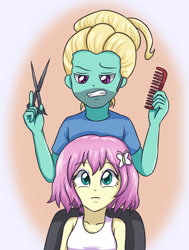 Size: 2619x3472 | Tagged: safe, artist:sumin6301, fluttershy, zephyr breeze, equestria girls, flutter brutter, alternate hairstyle, brother and sister, clothes, comb, equestria girls interpretation, equestria girls-ified, female, haircut, male, scene interpretation, scissors, siblings, tanktop