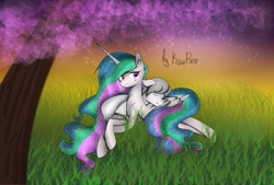 Size: 2560x1732 | Tagged: safe, princess celestia, oc, oc:light knight, alicorn, pegasus, pony, canon x oc, grass, lightestia, shipping, tree