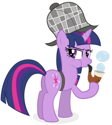 Size: 2000x2222 | Tagged: safe, artist:ahumeniy, derpibooru import, twilight sparkle, unicorn twilight, pony, unicorn, mmmystery on the friendship express, blowing bubbles, bubble pipe, deerstalker, detective, female, hat, mare, pipe, puffy cheeks, simple background, solo, transparent background, vector